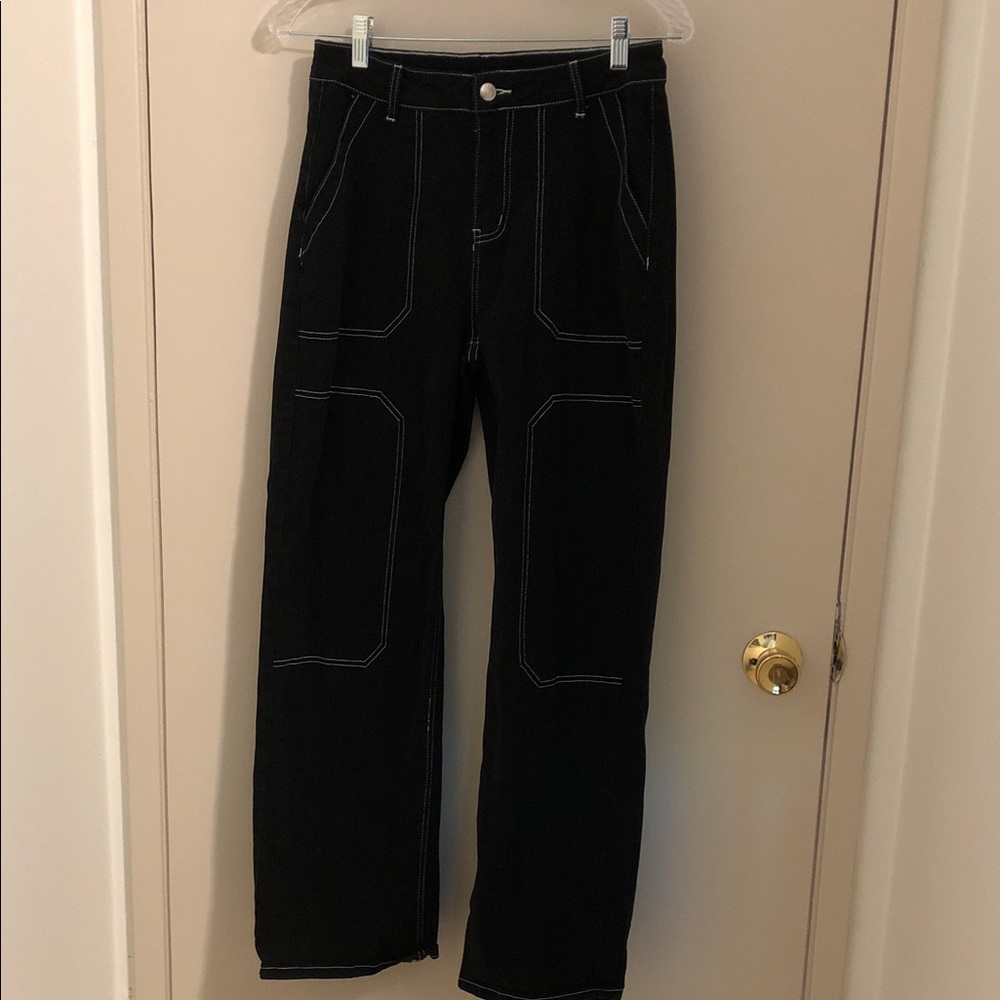 Black Straight leg carpenter Pants with Contrast Stitching
